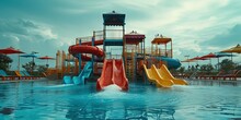 Empty Waterpark With Colorful Slides And Tubes Spinning People Into Pools Of Water