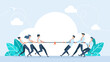Tug of war men vs women. Businesswomen in tug of war with a group of businessmen. Men vs women superiority concept. Business competition, gender equality and equal rights. Vector flat illustration.