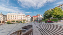 Panorama Showing Sulkowski Castle And Fountain On Chrobry Square In Bielsko-Biala Timelapse, Poland.