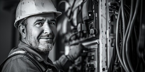 Friendly electrician standing on the job site smiling. Industrial concept with electrical box and cables