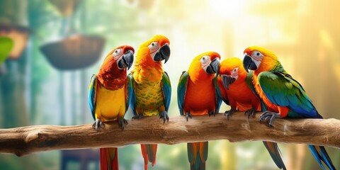 Wall Mural - Five colorful parrots in the forest perch on the same branch and communicate with each other intimately,