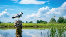 In A Wetland Park In An Urban Area, A Bird Stands On A Beam With Green Wetlands And Blue Sky And White Clouds In The Background,