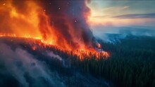 Animated Aerial Photo Shows A Forest Fire With 3D Effect. A Coniferous Forest Burns And Leaves A Trail Of Ash And Tree Stumps In Its Wake. Thick Clouds Of Smoke And Flying Sparks. Endless Loop.