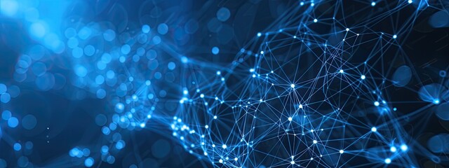 Aufkleber - Abstract blue technology background with a cyber network and connected particles. Artificial intelligence, global data connections, futuristic