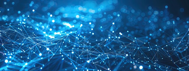 Aufkleber - Abstract blue technology background with a cyber network and connected particles. Artificial intelligence, global data connections, futuristic
