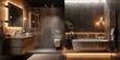 Contemporary bathroom with nighttime lighting featuring shower bathtub mirror and washstand, Generative AI