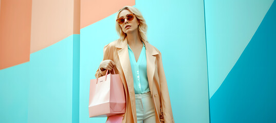 Woman in trench coat, sunglasses and a bag on colorful background