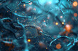 A close-up of a synapse firing, illustrating the transmission of signals between brain cells. Concept of neural communication. Artificial intelligence concept background