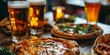 Close-up of beer and pizza glasses, Generative AI
