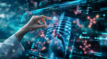 Canvas Print - person is interacting with a futuristic medical interface displaying holographic images of human anatomy and various medical data