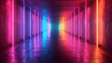 Fototapeta Przestrzenne - Square tunnel or corridor colorful neon glowing lights. Laser lines and LED technology create glow in dark room. copy space, wallpaper, mockup.