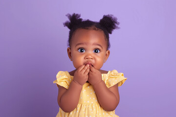 Nervous African American baby girl and biting nails in studio with oops reaction on purple background.