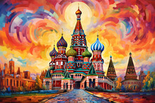 Beyond The Streets: St. Basil's Cathedral Embraces Picasso-esque Murals And Multicolored Landscapes In A Vibrant Panorama