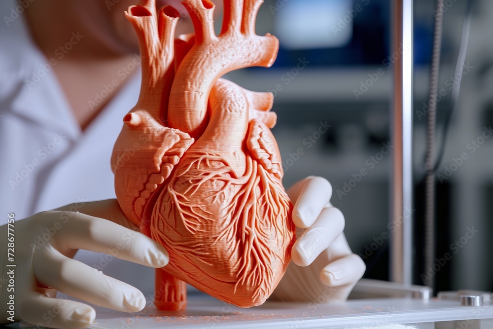 A detailed 3D printed model of a human heart is being inspected by a ...