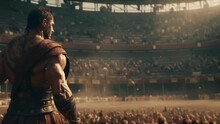 Muscular Gladiator In The Setting Of A Roman Circus Within A Colosseum At Sunset, With The Stands And Arena Filled With People. Wallpaper Animation Of A Fighter Ready For Battle