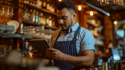 focused bearded man in a blue striped apron using a tablet in a bar setting