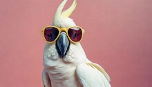 Closeup Of White Cockatoo Parrot Wearing Sunglasses Domestic Pet Bird Animal Solid Pink Pastel Background Tropical Summer Vacation Concept Web Banner Funny Birthday Party Card Invitation