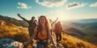 Group of happy friends embarked on an adventurous mountain hike, enjoying the carefree summer sky and breathtaking views from the hilltop, while having fun and creating lifelong memories.Generative AI