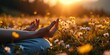 A person in prayer mudra meditating in a spring field, Generative AI