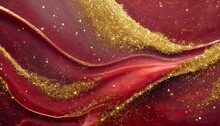 Red Liquid With Tints Of Golden Glitters Red Background With A Scattering Of Gold Sparkles Magic Galaxy Of Golden Dust Particles In Red Fluid With Burgundy Tints