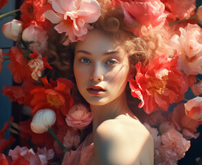 A model beautiful woman with red lipstick is surrounded by pink and white flowers. Concept of fashion, model health, spa, and cosmetics