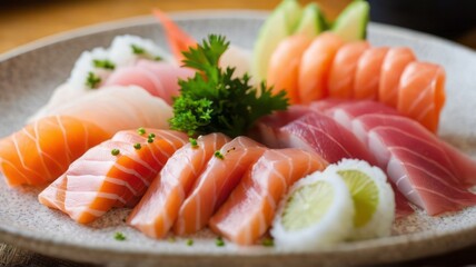 On a carefully presented plate, you'll find an assortment of fresh sashimi slices, featuring salmon and tuna, adorned with zesty lemon wedges and vibrant parsley