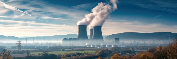 Nuclear power plant blowing smoke into the sky to produce electricity to power the grid