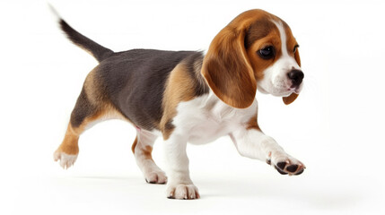 Poster - young beagle dog in mid-stride, looking to the side with a white background