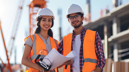 Wall Mural - two young construction workers are smiling at the camera