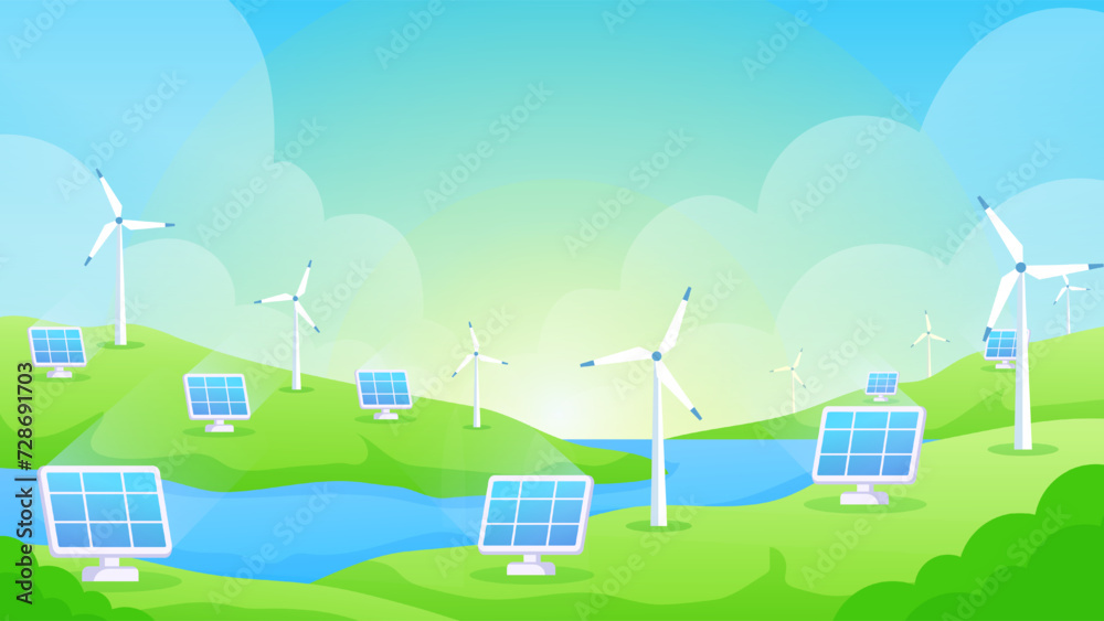 Solar panels and wind turbines installed as renewable station an energy ...