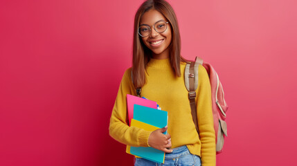 Sticker - young woman with glasses is smiling at the camera, wearing a yellow sweater and a red backpack, holding colorful books against a vibrant pink background