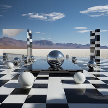 3d Render Of Surreal Desert. Black And White Checkered Board With Globe Sculptures