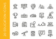 Set of 20 black line icons related to education and learning on a white background for mobile, web app, promotional materials, and SMM. Vector illustration