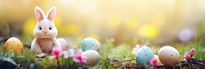 Wall Mural - Bunny with Easter eggs banner. Panoramic web header. Wide screen wallpaper