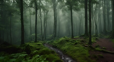 scorcio di foresta affascinante sotto la pioggia, natura mistica, leggera nebbia data dall'umidità, 