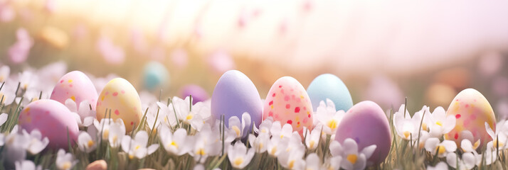 Wall Mural - Colorful Easter eggs in field of blooming white crocuses banner. Panoramic web header. Wide screen wallpaper