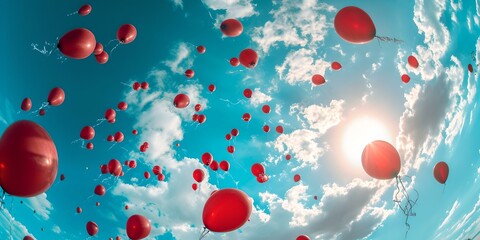 Wall Mural - Red balloons soaring into the blue sky with clouds. celebration and freedom concept. bright and joyful scene for diverse use. perfect for backgrounds and design projects. AI