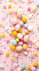 Wall Mural - Colorful Easter Eggs and confetti on pink background. Easter greeting card