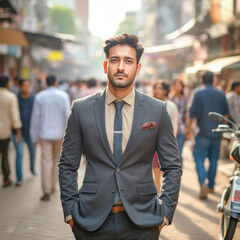 young businessman in suit standing on city street