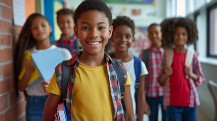 Sticker - a group of cheerful children with backpacks, holding books and smiling at the camera, likely standing in a school hallway