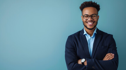 Wall Mural - a person with a beaming smile, wearing glasses and a suit, standing with arms crossed against a soft blue background, looking confident and approachable
