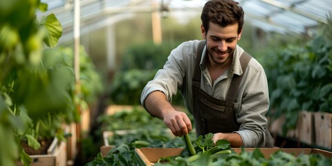 Poster - Smiling man tending to plants in a sunny greenhouse. casual gardener at work. sustainable living. organic farming. AI