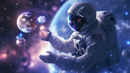 Wall Mural - astronaut in a suit in space holding the glowing earth with his hand in high resolution and high quality
