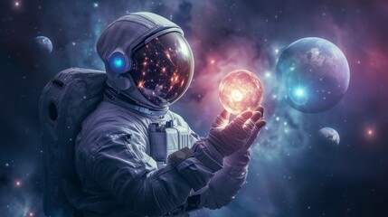 Wall Mural - astronaut in a suit in space holding the glowing earth with his hand in high resolution and high quality. science concept, astrology
