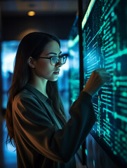 Poster - woman programmer looking at lines of code on a screen