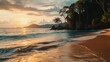 The warm glow of a sunset bathes a tropical beach, with gentle waves lapping against the shore and lush trees silhouetted against the sky.