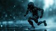 © Rattanathip - A sophisticated robot is captured in motion, sprinting across a wet surface under a rain-drenched, dark nocturnal backdrop.