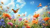 Fototapeta Natura - Vast Meadow of Spring Blooms with Soaring Butterflies - Spring Banner