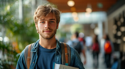 young collage student with backpack in collage lobby