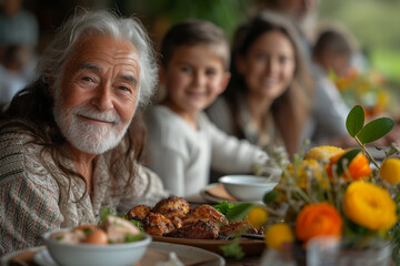 Wall Mural - whole family gathered around the table at Easter dinner in the spring